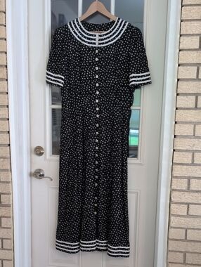 Vintage Handmade Navy Floral Maxi Dress | 60s–70s Mod Trim | Button Front